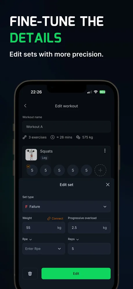 WLog set editor with a Progressive overload field set to 2.5 kg