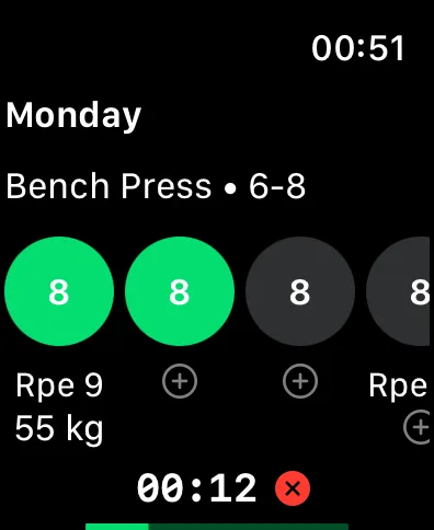 WLog na Apple Watch zapisujący serie wyciskania leżąc